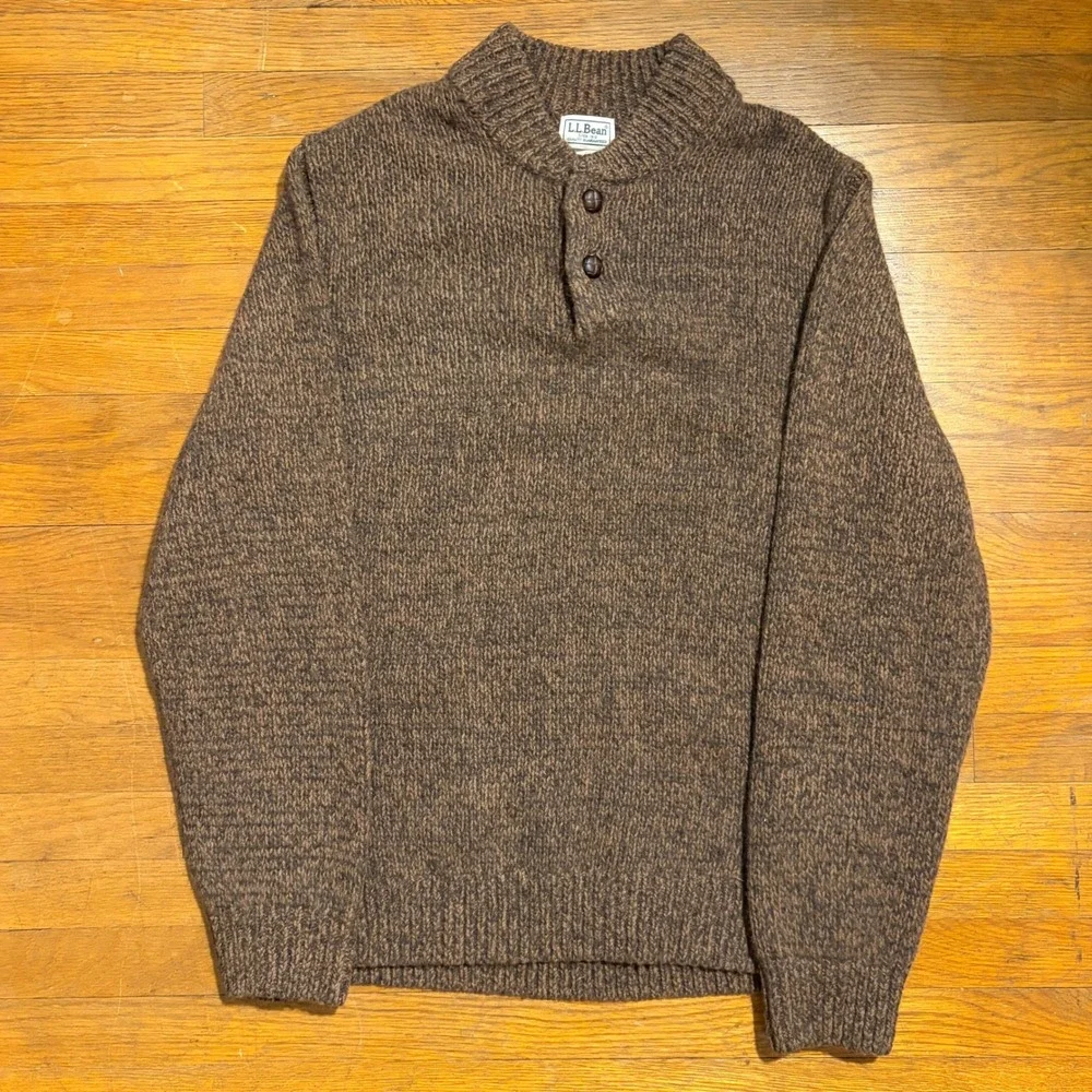 LL Bean Henley Ragg Sweater Pullover 100% Lambs Wool Mens Medium Brown